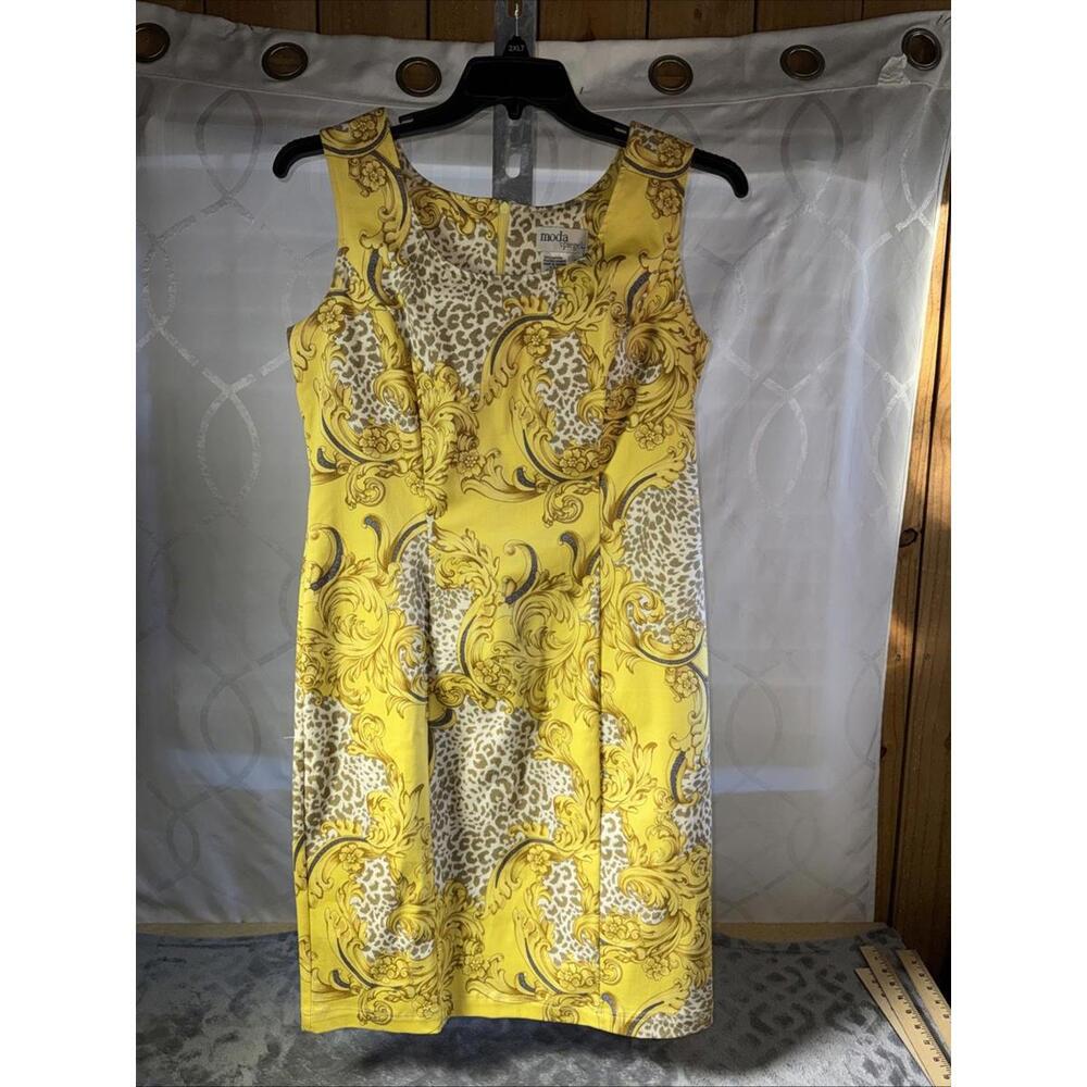 Vintage 90s Moda Spiegel Yellow Baroque & Leopard Print Sleeveless Dress Sz 12